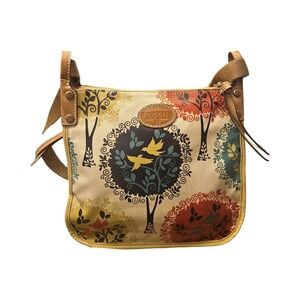 Fossil Key-Per Crossbody Bag Coated Canvas Tree Bird Print Whimsical Multi-Color
